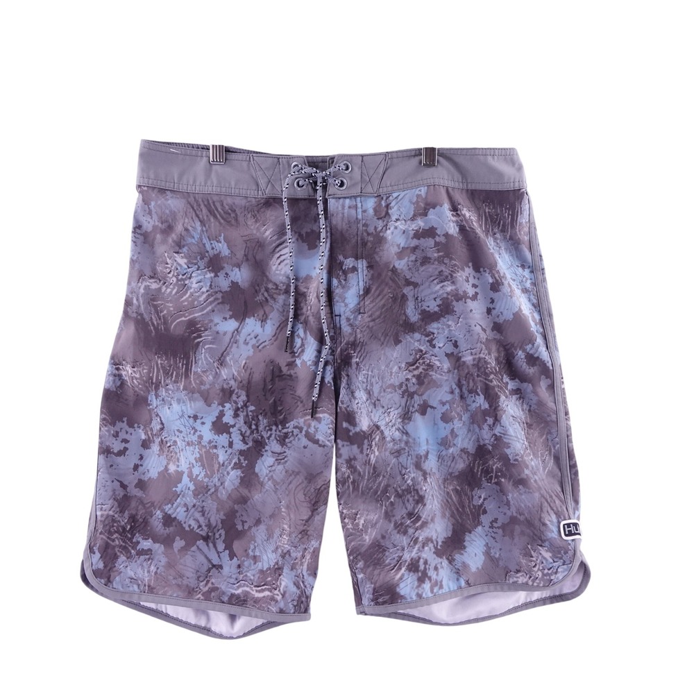 Huk  Mens 36 Performance Fishing Board Shorts Grey Blue Camo Stretch Swim Trunks